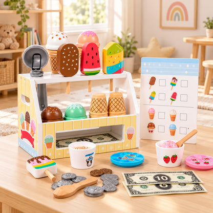 Kinder Eisdiele mit Spielgeld und Menükarte