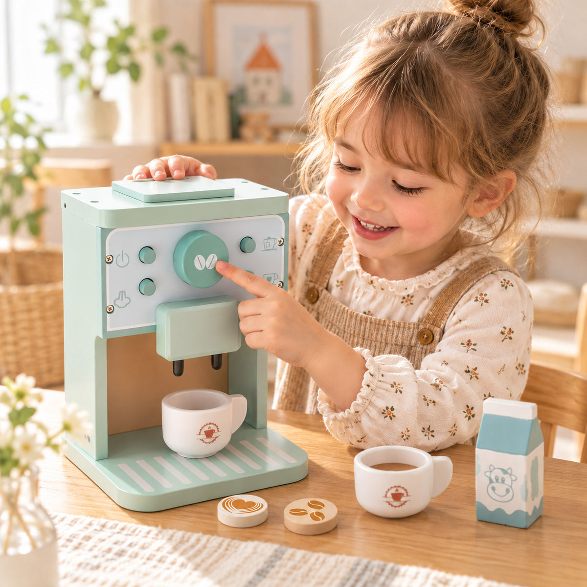 Kinder Kaffeemaschine aus Holz als realistisches Rollenspiel Spielzeug für kleine Baristas