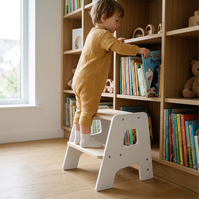Montessori White Step Stool for Children Made of Wood – Sturdy Learning Stool for Hand Washing, Brushing Teeth & Independent Learning