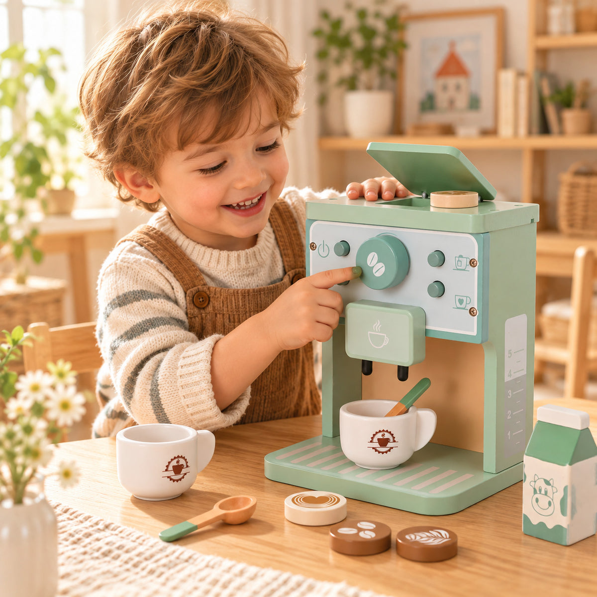 Kinder Kaffeemaschine aus Holz für kleine Baristas und kreative Rollenspiele