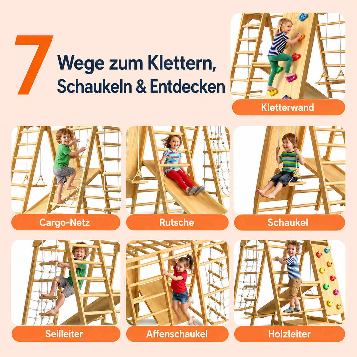 Holz-Klettergerüst mit verschiedenen Spiel- und Klettermöglichkeiten