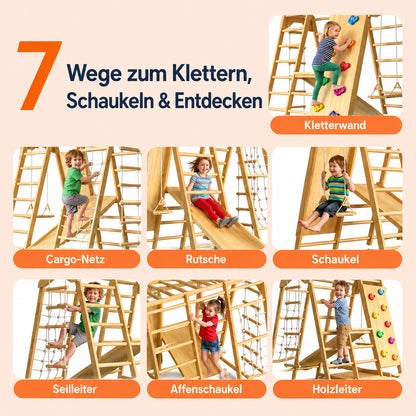 Holz-Klettergerüst mit verschiedenen Spiel- und Klettermöglichkeiten