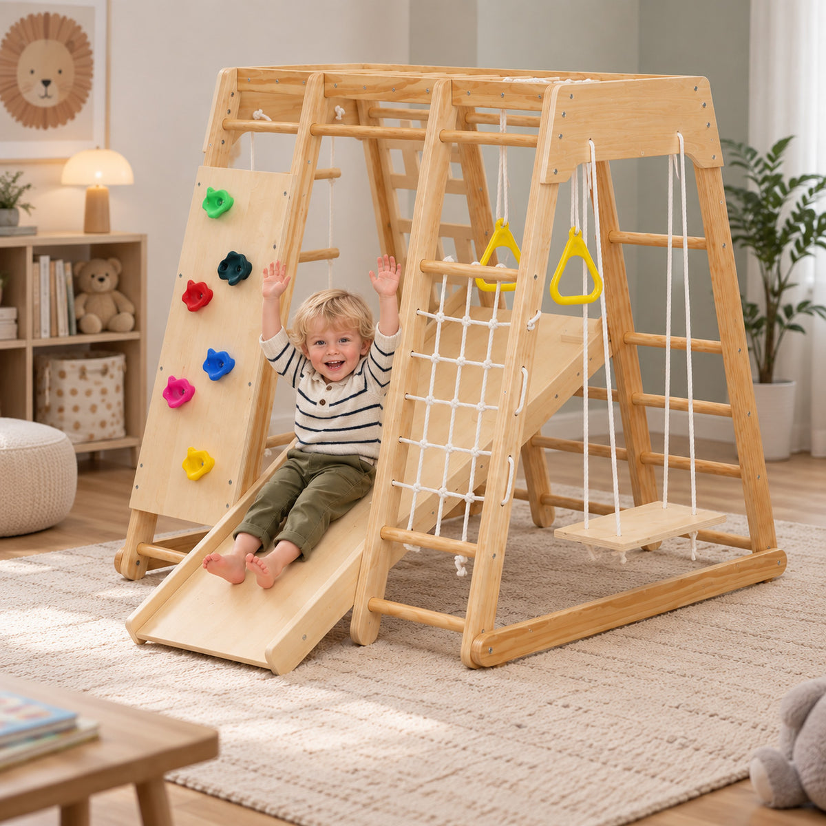 Kind auf der Holzschaukel am Indoor-Klettergerüst