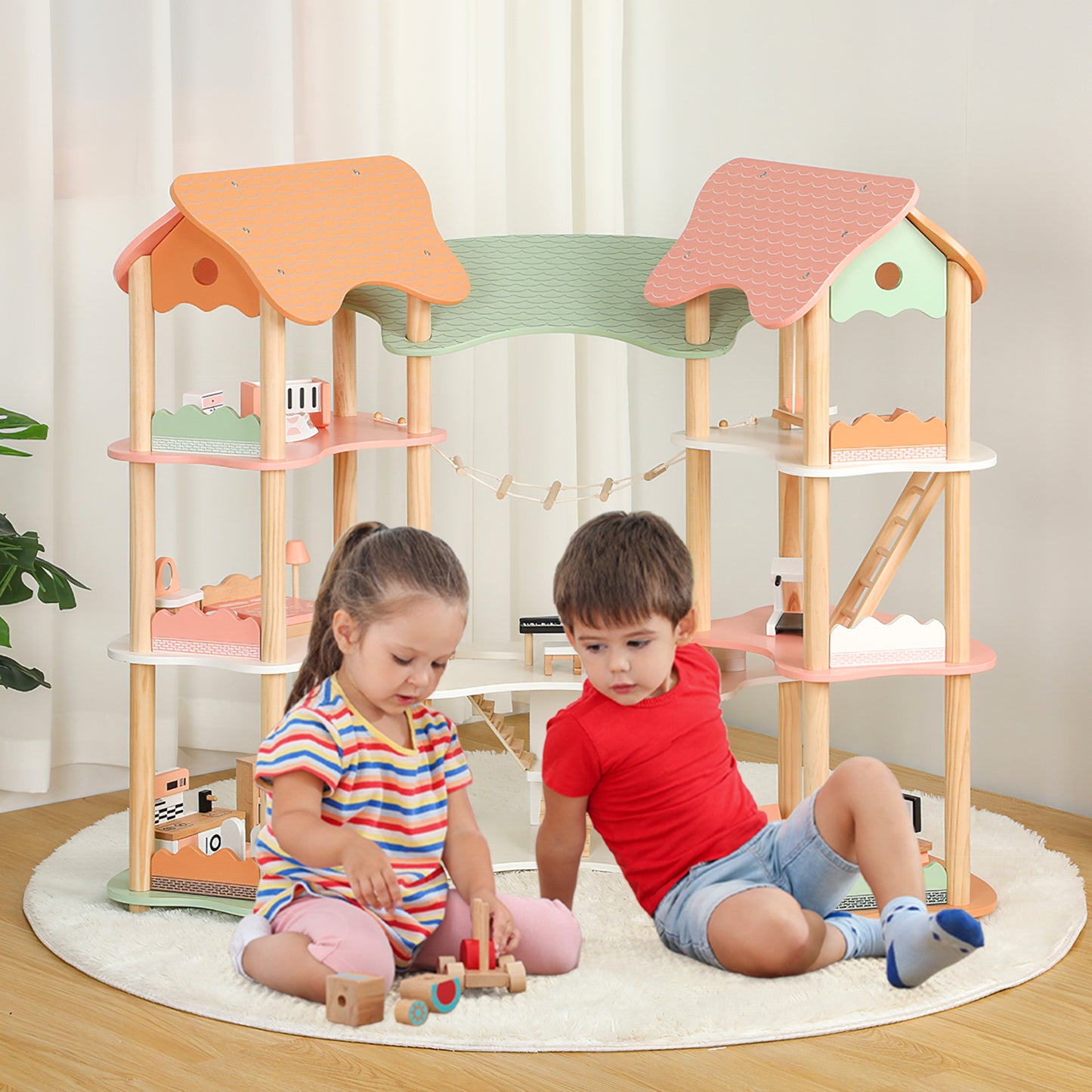 Grande maison de poupée en bois – univers de jeu avec pont et 3 étages