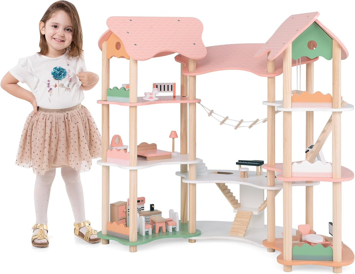 Grande maison de poupée en bois – univers de jeu avec pont et 3 étages