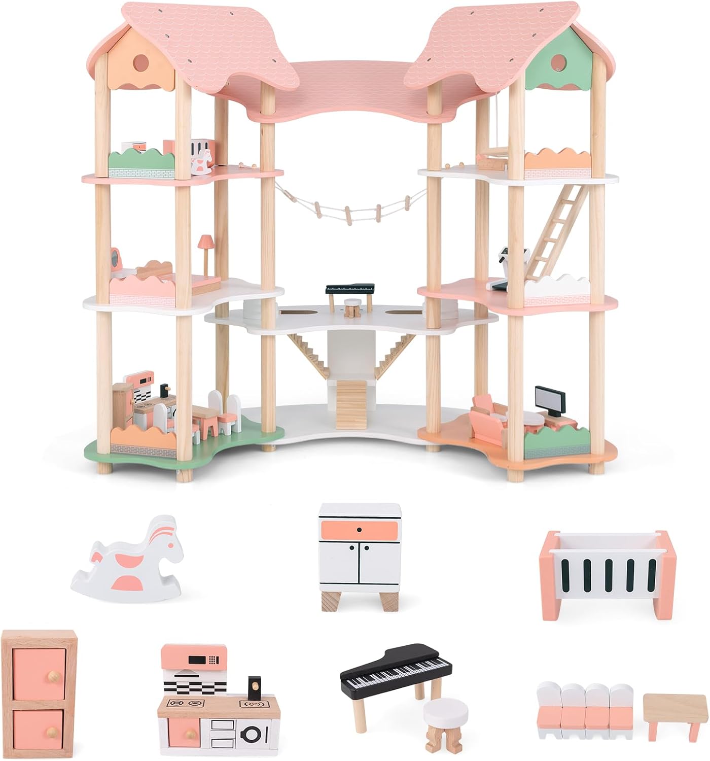 Grande maison de poupée en bois – univers de jeu avec pont et 3 étages