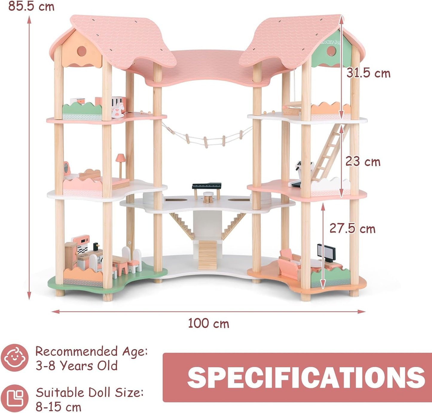 Grande maison de poupée en bois – univers de jeu avec pont et 3 étages