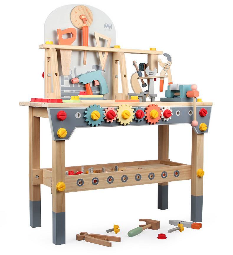 Grote kinderwerkbank van hout – 68 cm gereedschapstafel met tandwielen & schroefsysteem