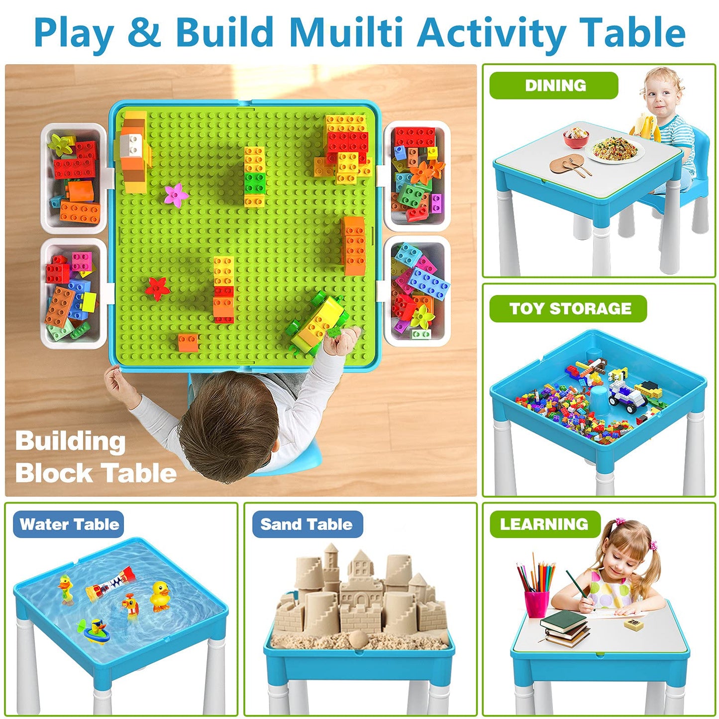 montessoriLernwelt Lego Tisch 5-in-1 Multifunktionstisch für Kinder
