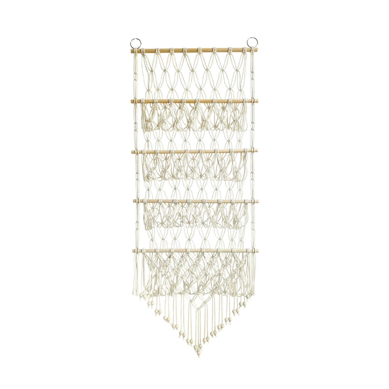 Makramee Wand-Organizer für Spielzeug, 4 Ebenen, 52×130 cm, Variante Regenbogen – handgeknüpft aus Baumwollseil mit Kiefernholzstäben