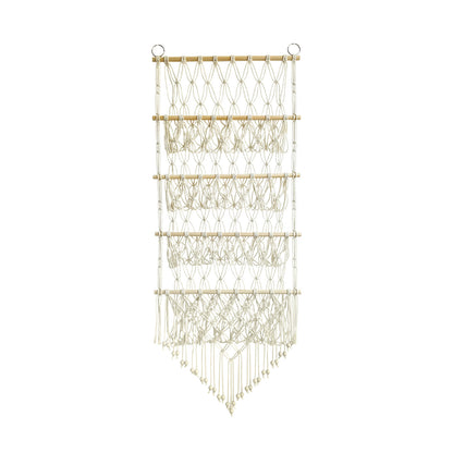 Makramee Wand-Organizer für Spielzeug, 4 Ebenen, 52×130 cm, Variante Regenbogen – handgeknüpft aus Baumwollseil mit Kiefernholzstäben