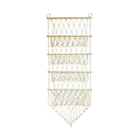 Makramee Wand-Organizer für Spielzeug, 4 Ebenen, 52×130 cm, Variante Regenbogen – handgeknüpft aus Baumwollseil mit Kiefernholzstäben