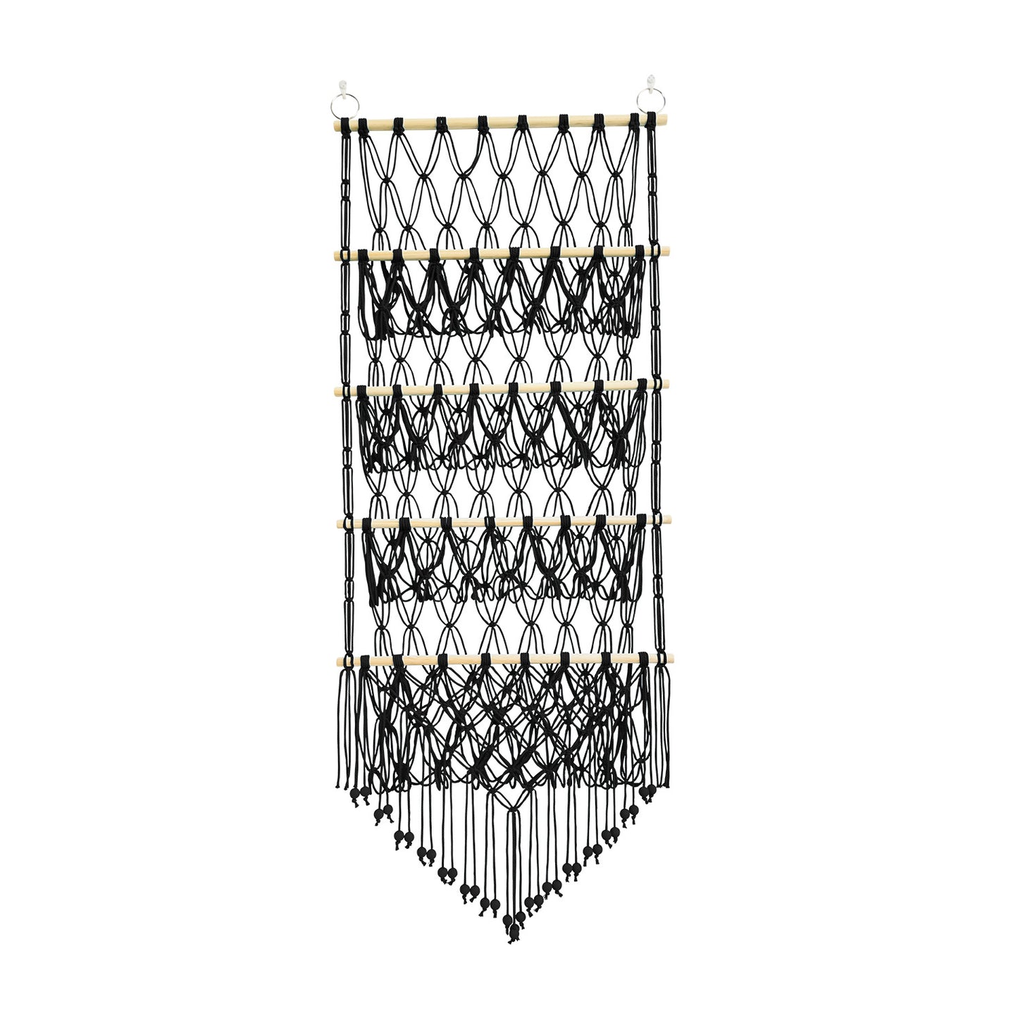 Makramee Wand-Organizer für Spielzeug, 4 Ebenen, 52×130 cm, Variante Regenbogen – handgeknüpft aus Baumwollseil mit Kiefernholzstäben