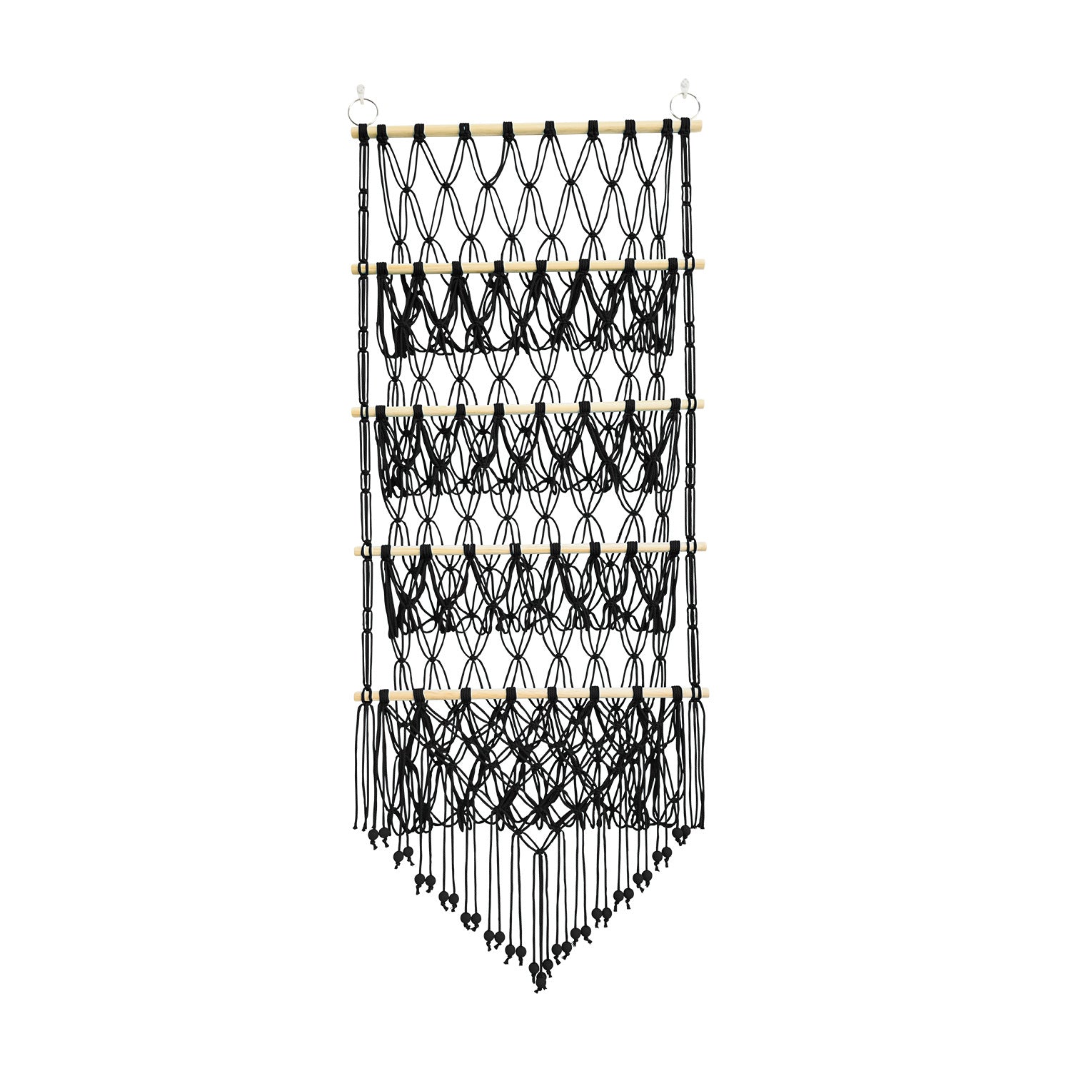 Makramee Wand-Organizer für Spielzeug, 4 Ebenen, 52×130 cm, Variante Regenbogen – handgeknüpft aus Baumwollseil mit Kiefernholzstäben