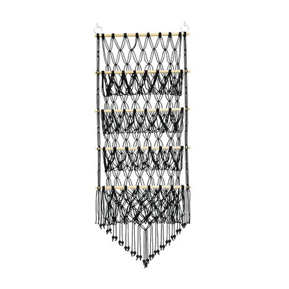 Makramee Wand-Organizer für Spielzeug, 4 Ebenen, 52×130 cm, Variante Regenbogen – handgeknüpft aus Baumwollseil mit Kiefernholzstäben