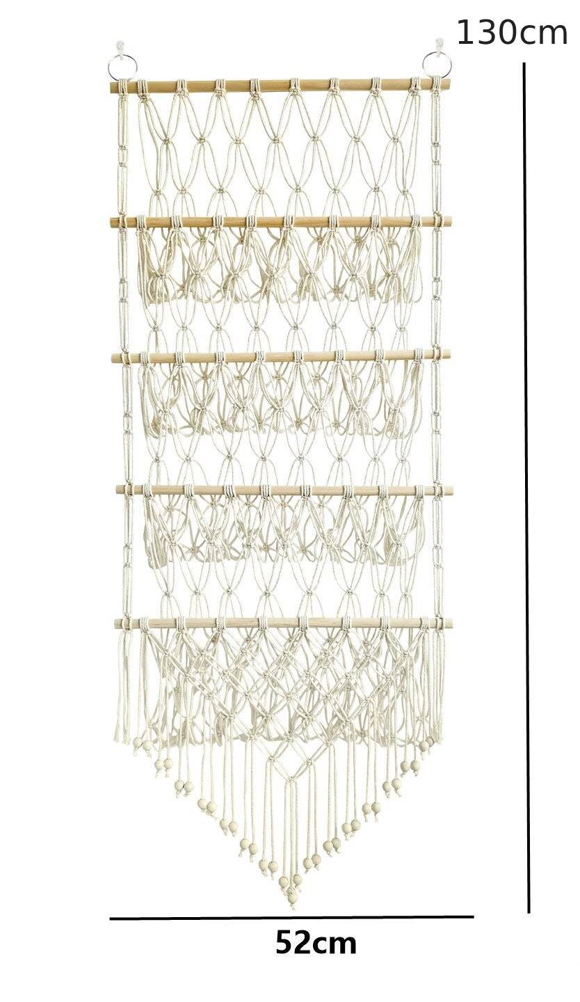 Makramee Wand-Organizer für Spielzeug, 4 Ebenen, 52×130 cm, Variante Regenbogen – handgeknüpft aus Baumwollseil mit Kiefernholzstäben