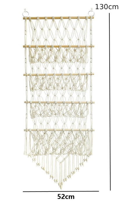 Makramee Wand-Organizer für Spielzeug, 4 Ebenen, 52×130 cm, Variante Regenbogen – handgeknüpft aus Baumwollseil mit Kiefernholzstäben