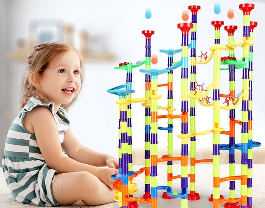 MontessoriLernwelt Kugelbahn-Bausteine Set – Murmelbahn Bauset 76–268 Teile für Kinder ab 3 Jahren, kompatibel mit Groß-Baustein-Systemen