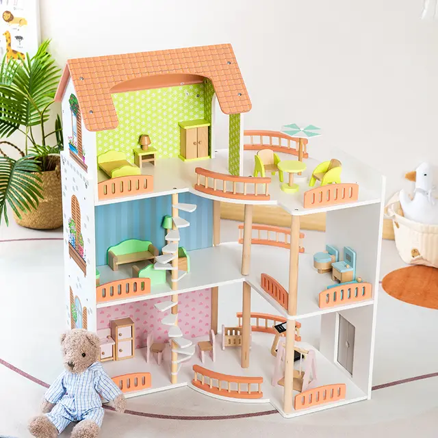 Grande maison de poupée en bois – maison de jeu ouverte avec balcon et 3 étages