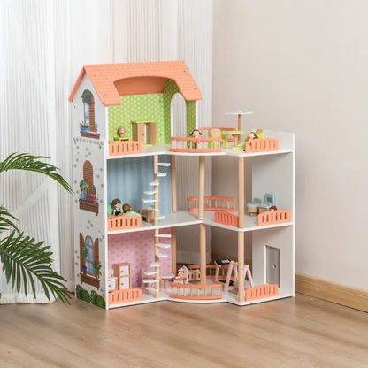 Grande maison de poupée en bois – maison de jeu ouverte avec balcon et 3 étages