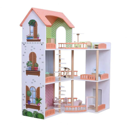 Grande maison de poupée en bois – maison de jeu ouverte avec balcon et 3 étages