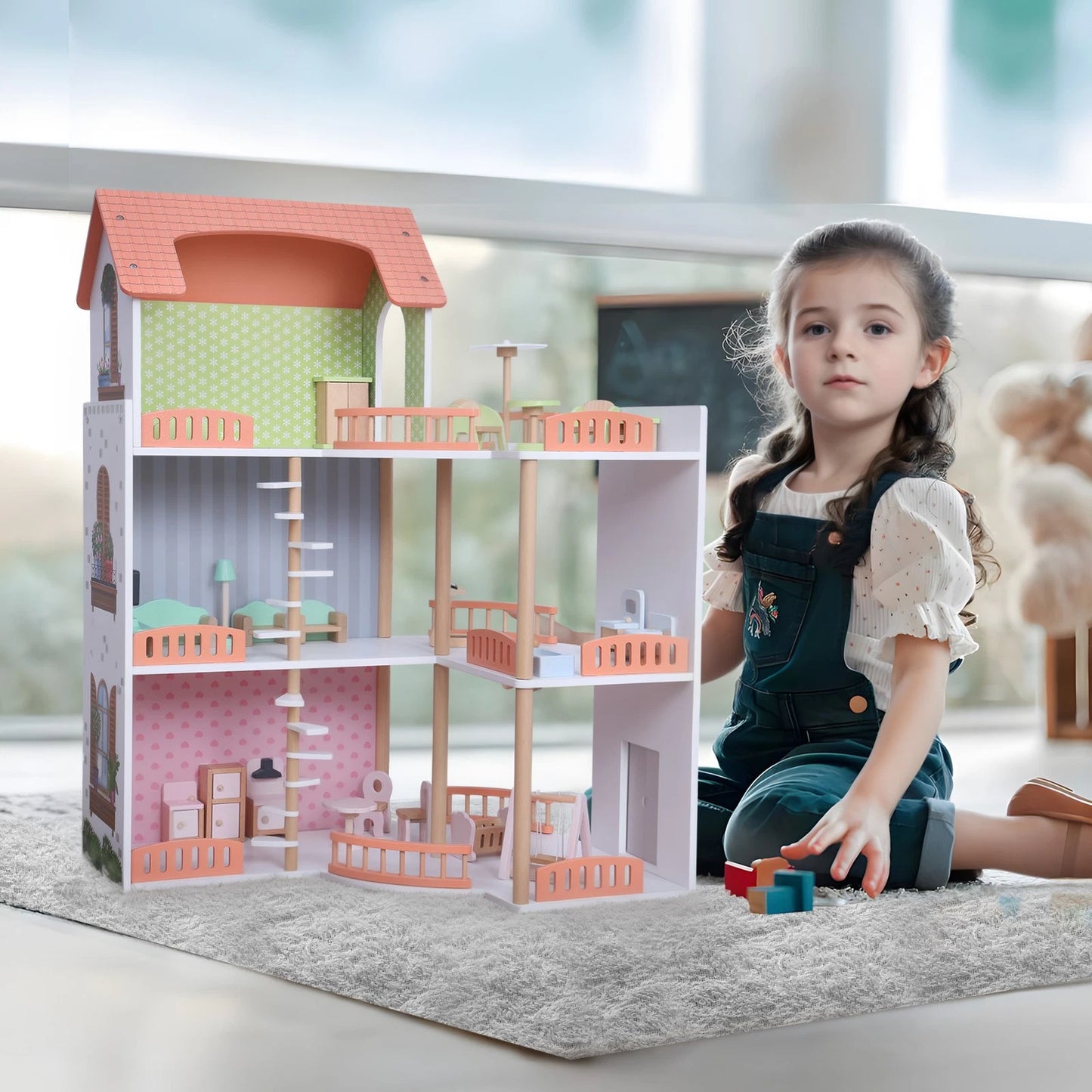 Grande maison de poupée en bois – maison de jeu ouverte avec balcon et 3 étages