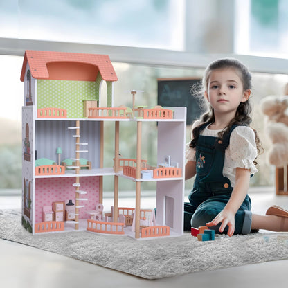 Grande maison de poupée en bois – maison de jeu ouverte avec balcon et 3 étages