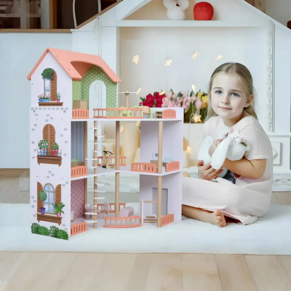 Grande maison de poupée en bois – maison de jeu ouverte avec balcon et 3 étages