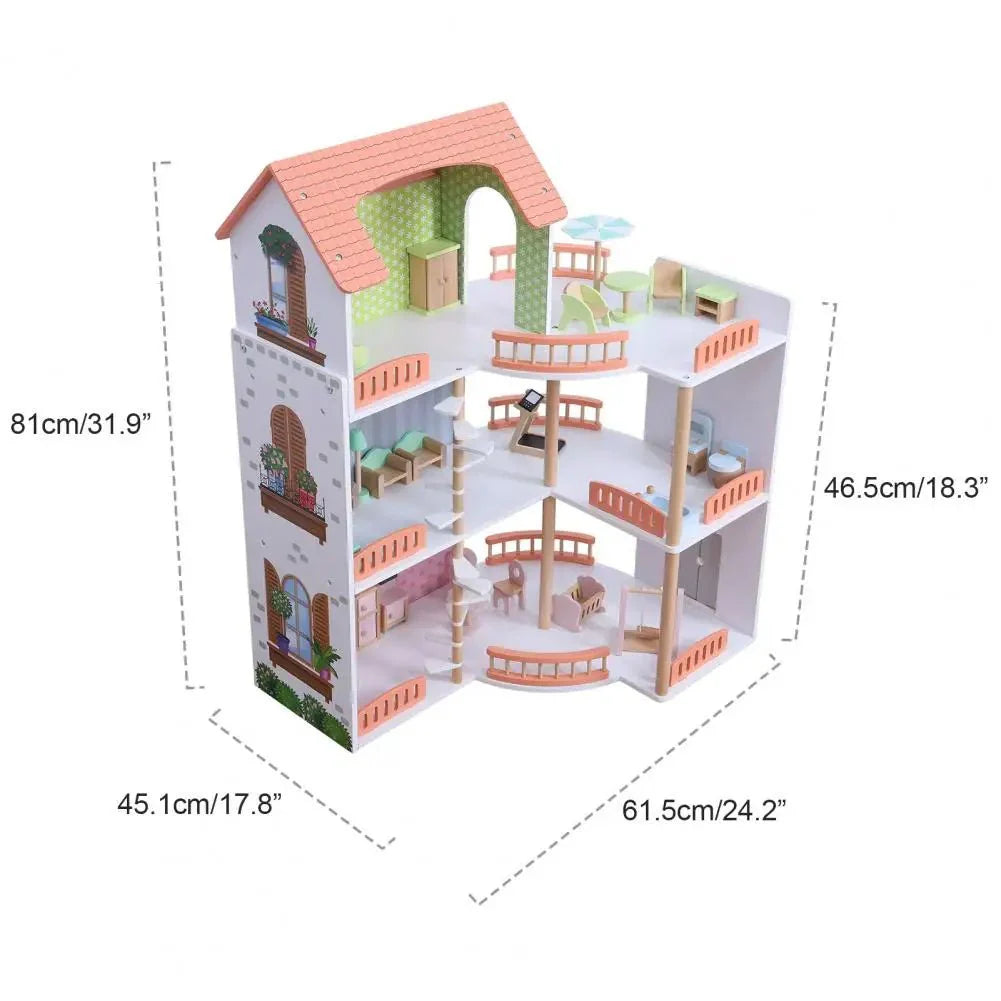 Grande maison de poupée en bois – maison de jeu ouverte avec balcon et 3 étages