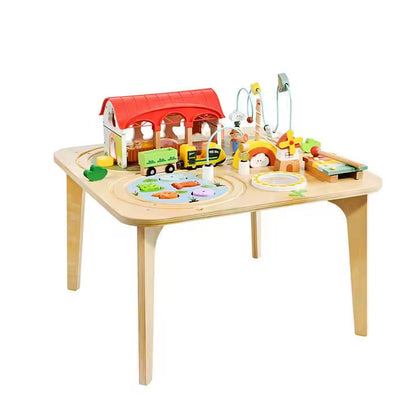 Montessori Aktivitätstisch aus Holz mit Magnetfischen, Xylophon, Trommel und Zugbahn für Kleinkinder