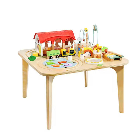 Montessori Aktivitätstisch aus Holz mit Magnetfischen, Xylophon, Trommel und Zugbahn für Kleinkinder