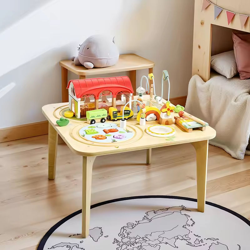 Montessori Aktivitätstisch aus Holz mit Magnetfischen, Xylophon, Trommel und Zugbahn für Kleinkinder