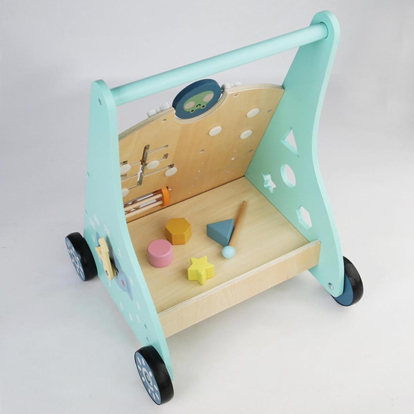 Montessori Lauflernwagen „Frosch & Wald“ aus Holz mit Busy Board