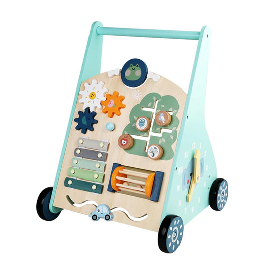 Montessori Lauflernwagen „Frosch & Wald“ aus Holz mit Busy Board