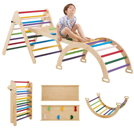 Klappbares Montessori-Kletterdreieck und Bogen-Spielset aus Holz mit bunten Sprossen und zweiseitiger Rutsche