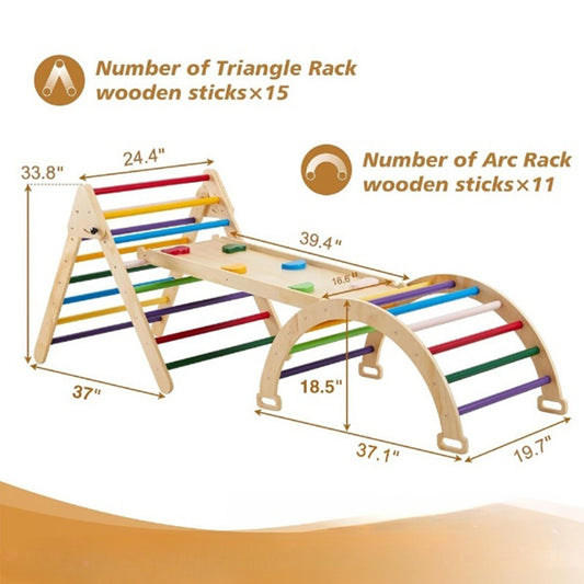 Klappbares Montessori-Kletterdreieck und Bogen-Spielset aus Holz mit bunten Sprossen und zweiseitiger Rutsche