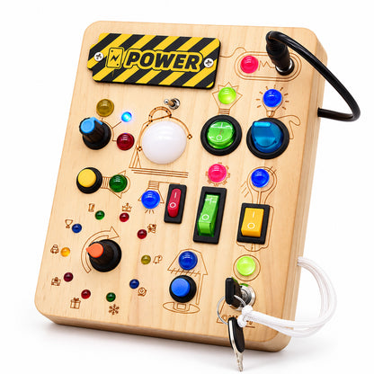 Montessori Busy Board aus Holz mit LED Licht, Schaltern und Motorikspielen für Kinder