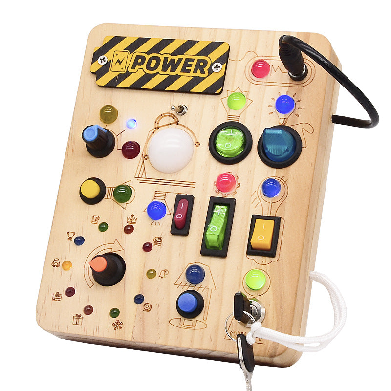 Montessori Busy Board aus Holz – LED-Licht & Schalter, Sensorik-Aktivitätsboard (1–3 Jahre)