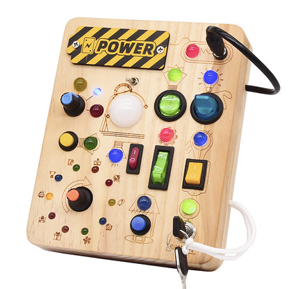 Montessori Busy Board aus Holz – LED-Licht & Schalter, Sensorik-Aktivitätsboard (1–3 Jahre)