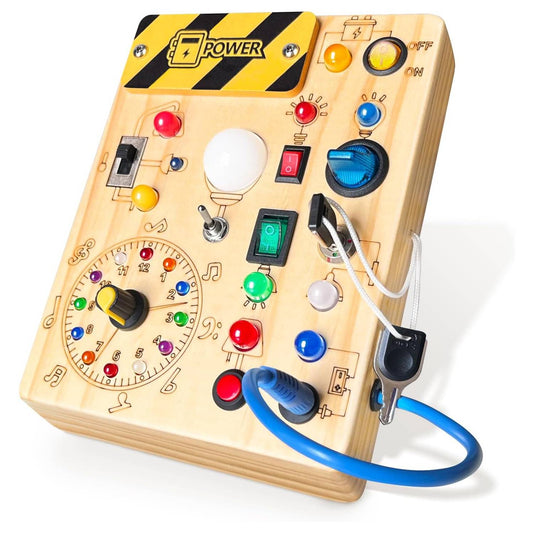 MontessoriLernwelt Busy Board aus Holz mit LED-Lichtern und Schaltern – sensorisches Montessori Aktivitätsboard für Kleinkinder