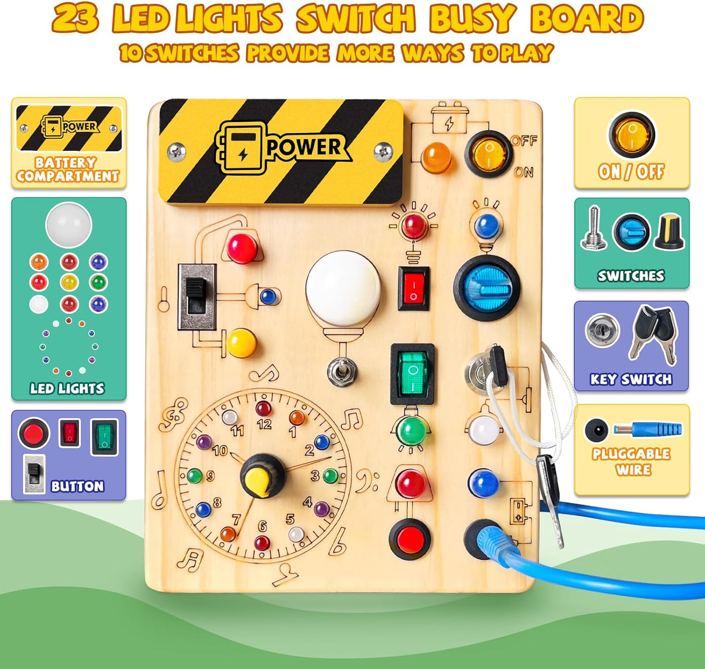MontessoriLernwelt Busy Board aus Holz mit LED-Lichtern und Schaltern – sensorisches Montessori Aktivitätsboard für Kleinkinder