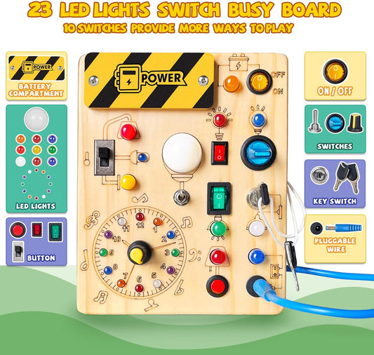 MontessoriLernwelt Busy Board aus Holz mit LED-Lichtern und Schaltern – sensorisches Montessori Aktivitätsboard für Kleinkinder