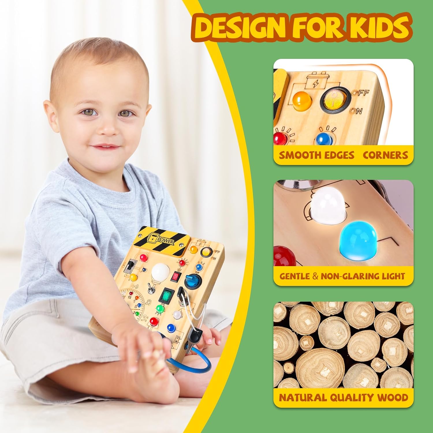 MontessoriLernwelt Busy Board aus Holz mit LED-Lichtern und Schaltern – sensorisches Montessori Aktivitätsboard für Kleinkinder