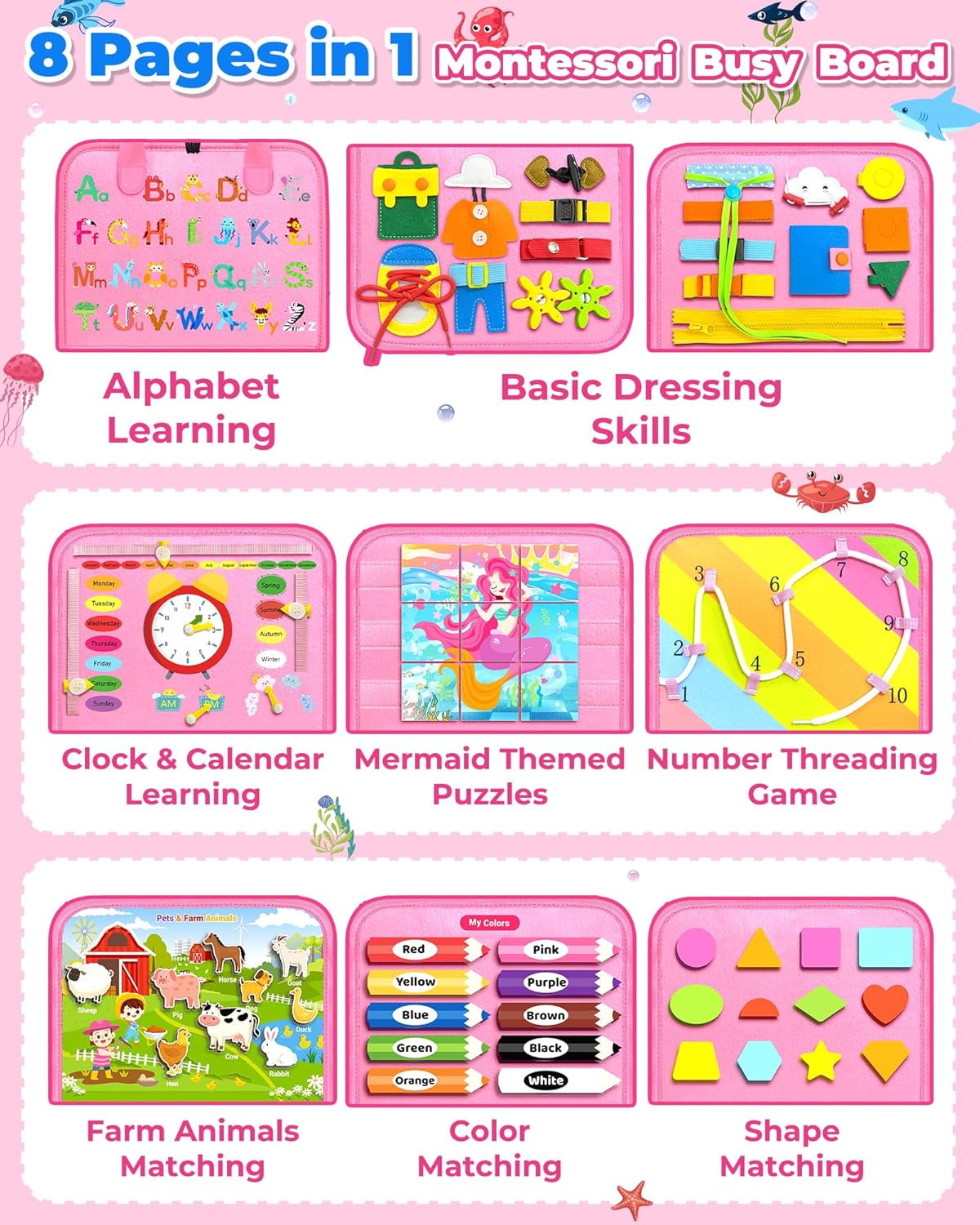 MontessoriLernwelt Montessori Busy Book – 8-seitiges Sensorik-Busy-Board aus Filz für Kleinkinder, Reise-Lernspielzeug