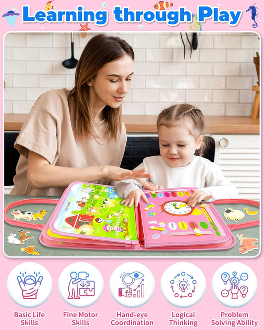 MontessoriLernwelt Montessori Busy Book – 8-seitiges Sensorik-Busy-Board aus Filz für Kleinkinder, Reise-Lernspielzeug