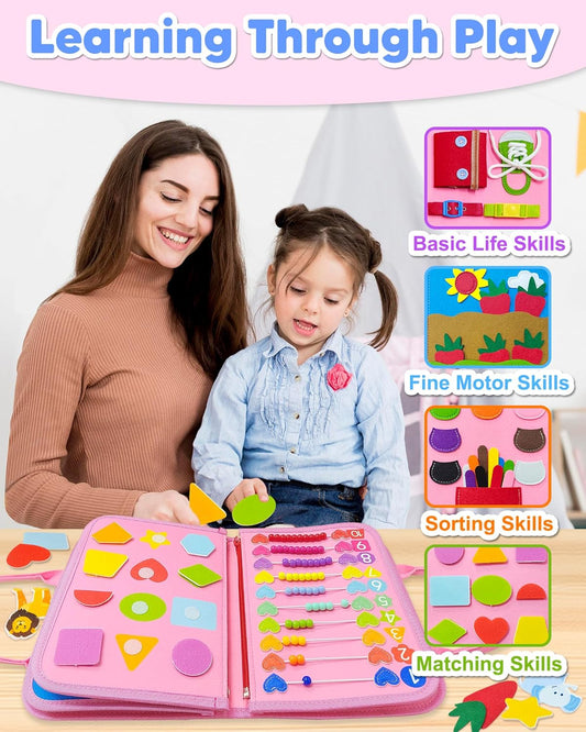 MontessoriLernwelt Montessori Busy Book – 8-seitiges Sensorik-Busy-Board aus Filz für Kleinkinder, Reise Lernspielzeug