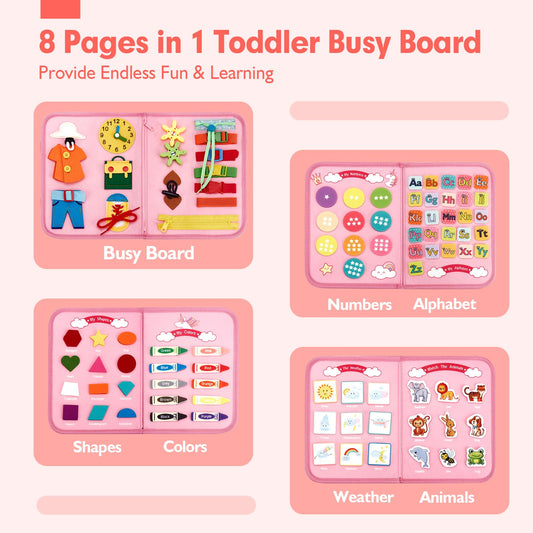 Livre d'activités Montessori – Livre d'apprentissage sensoriel de 8 pages pour les tout-petits (tableau d'activités de voyage, 1 à 4 ans)
