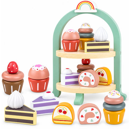 Montessori Holz Kuchen Set für Kinder mit buntem Dessertständer