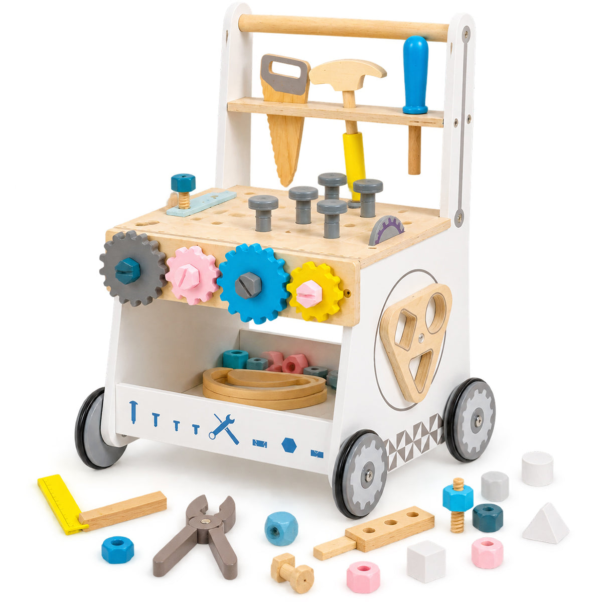 Montessori Holz Werkbank Lauflernwagen mit Werkzeugen für Kinder