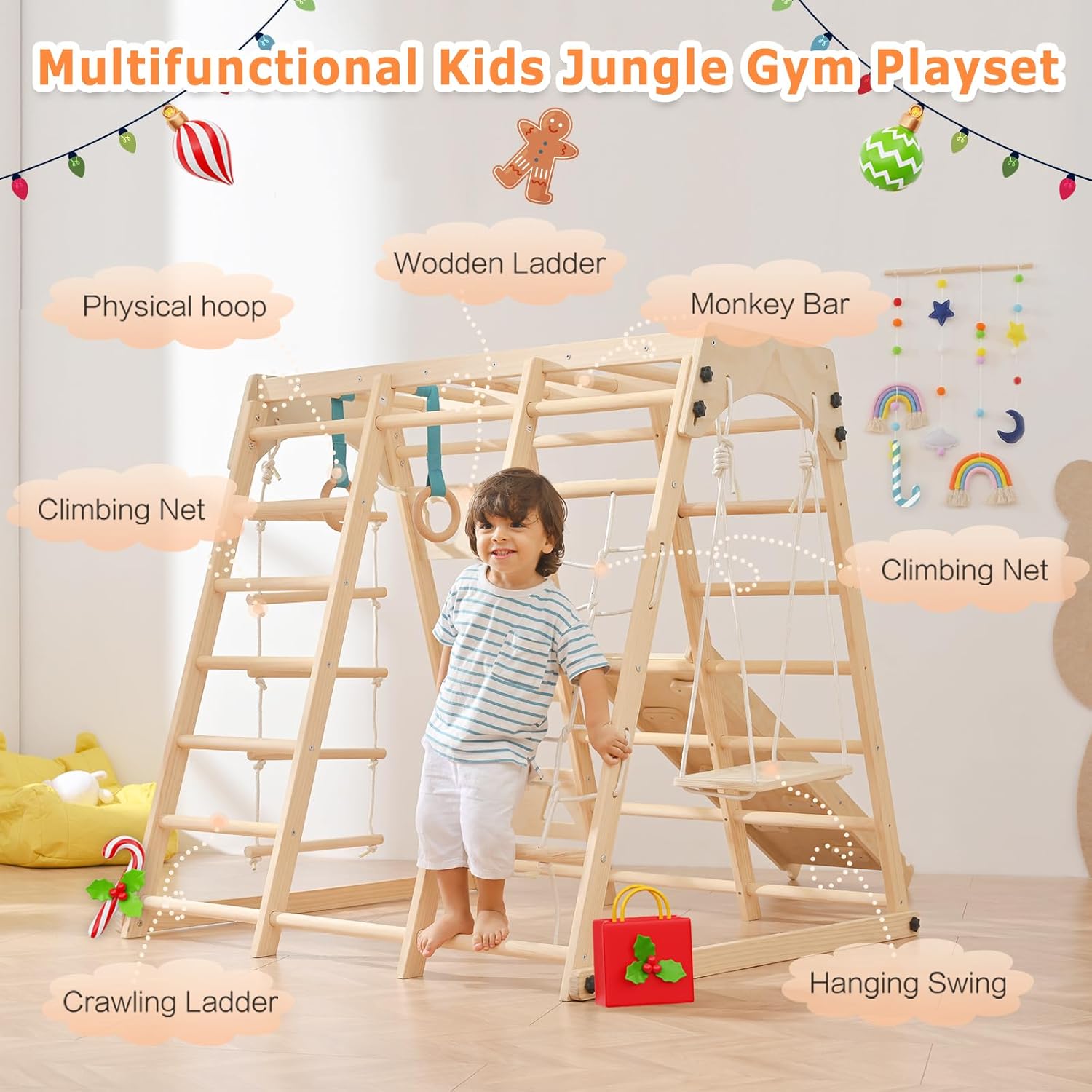 Montessori Klettergerüst aus Holz mit Rutsche und Schaukel für Kinder